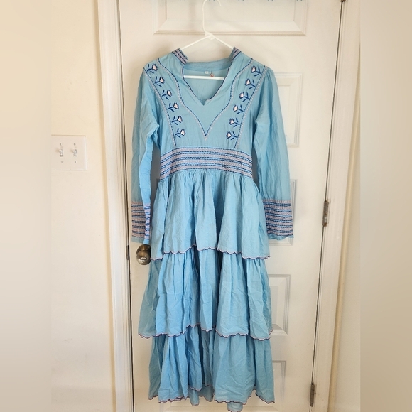 Dresses & Skirts - Celia Womens Blue Maxi Dress Tiered Long Sleeve Size S READ #D3
